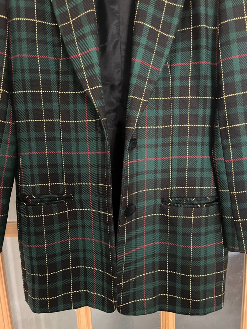 Vintage 90s y2k Talbots Green Red Gold Tartan Plaid Long wool Blazer Jacket 10 - Picture 3 of 6